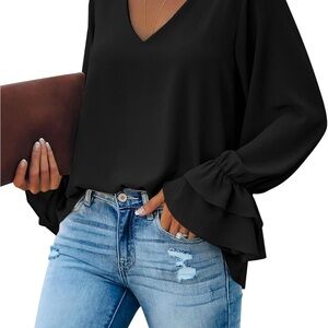 Women’s V-Neck Black Ruffle Sleeve Blouse